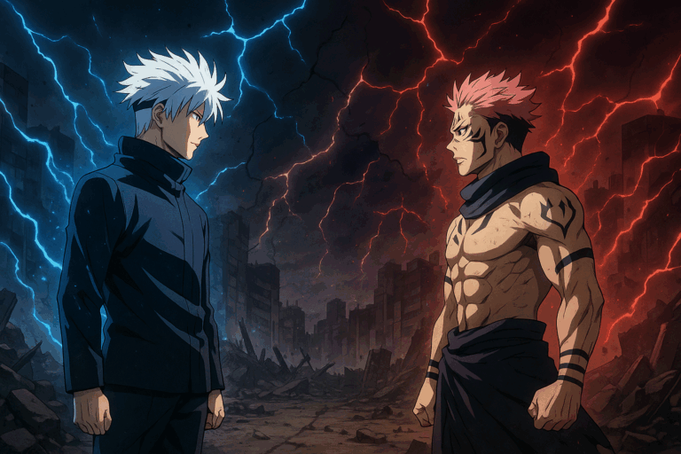 Gojo dan Sukuna berhadapan di reruntuhan Shibuya dengan energi kutukan biru dan merah bertabrakan