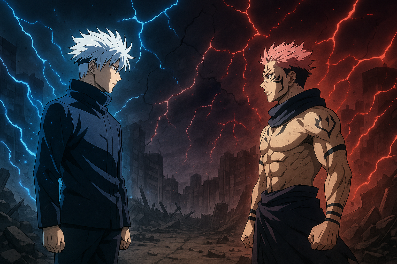 Gojo dan Sukuna berhadapan di reruntuhan Shibuya dengan energi kutukan biru dan merah bertabrakan