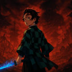 Tanjiro berdiri dengan pedang api biru di reruntuhan Infinity Castle melawan Muzan