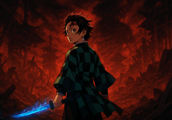 Tanjiro berdiri dengan pedang api biru di reruntuhan Infinity Castle melawan Muzan