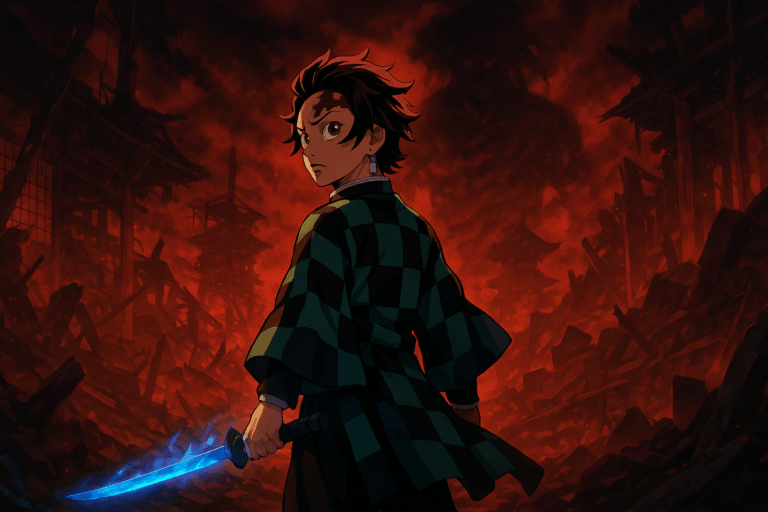Tanjiro berdiri dengan pedang api biru di reruntuhan Infinity Castle melawan Muzan