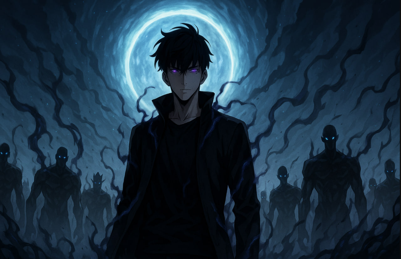 Sung Jinwoo berdiri dengan aura bayangan dan pasukan hitam di belakangnya dari Solo Leveling Season 2