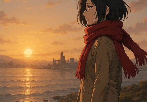Mikasa berdiri di tepi laut saat senja dengan syal merah, suasana epilog Attack on Titan 2025