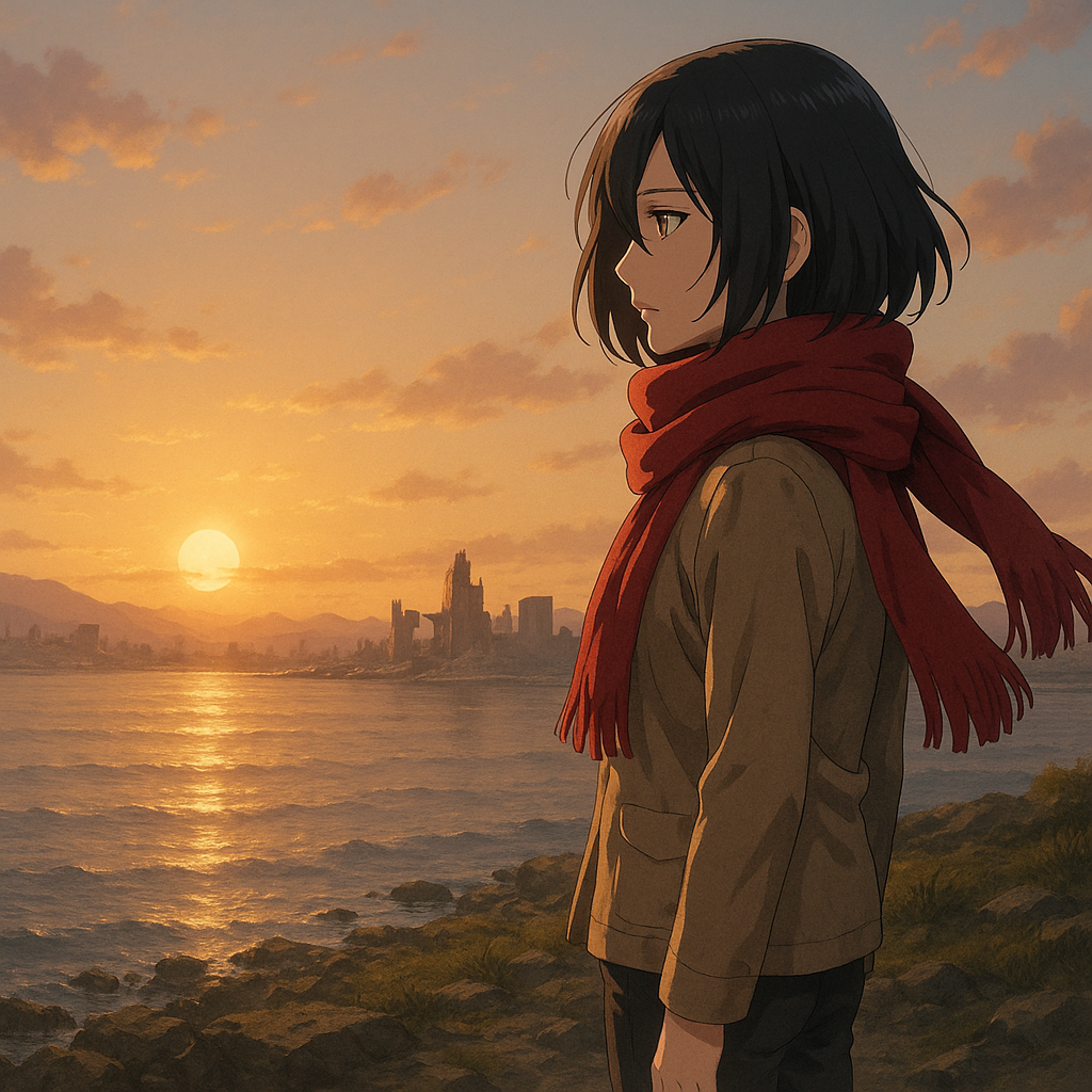 Mikasa berdiri di tepi laut saat senja dengan syal merah, suasana epilog Attack on Titan 2025