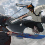 Denji dan Katana Man berhadapan di jalan kota neon sebelum duel brutal