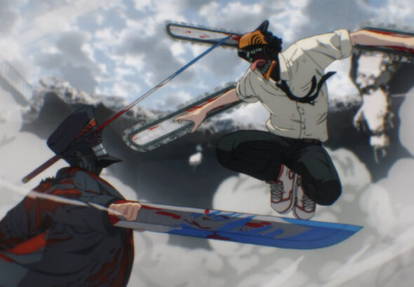 Denji dan Katana Man berhadapan di jalan kota neon sebelum duel brutal