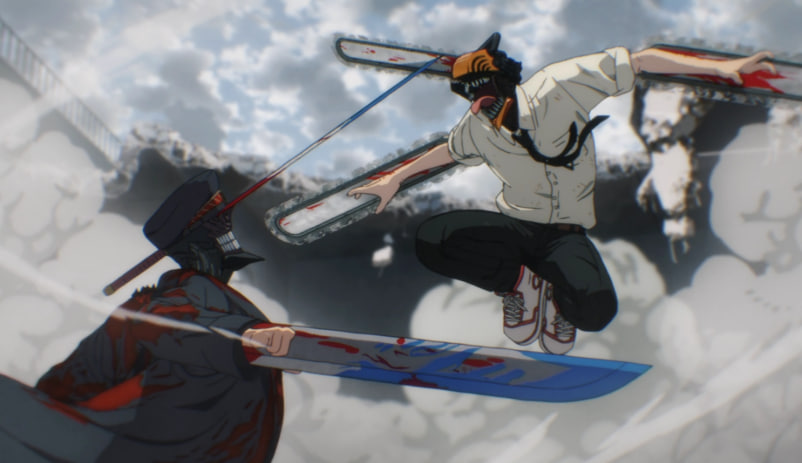 Denji dan Katana Man berhadapan di jalan kota neon sebelum duel brutal