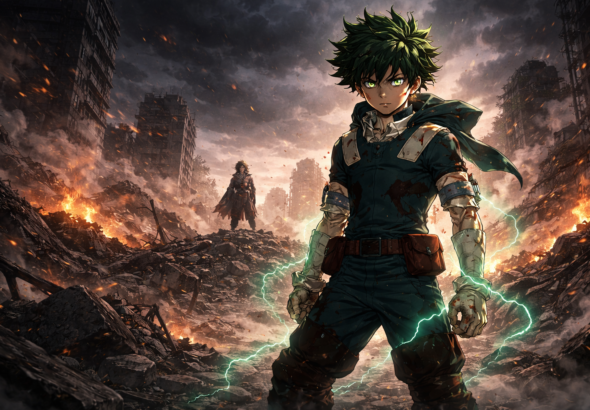 Deku berdiri di reruntuhan kota menghadapi Shigaraki di My Hero Academia Season 7