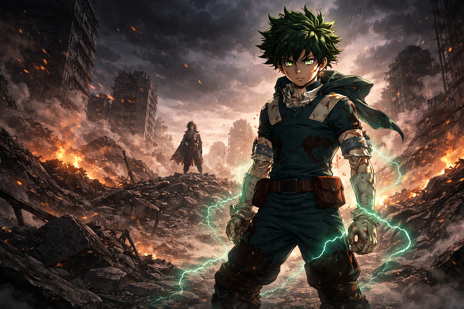 Deku berdiri di reruntuhan kota menghadapi Shigaraki di My Hero Academia Season 7