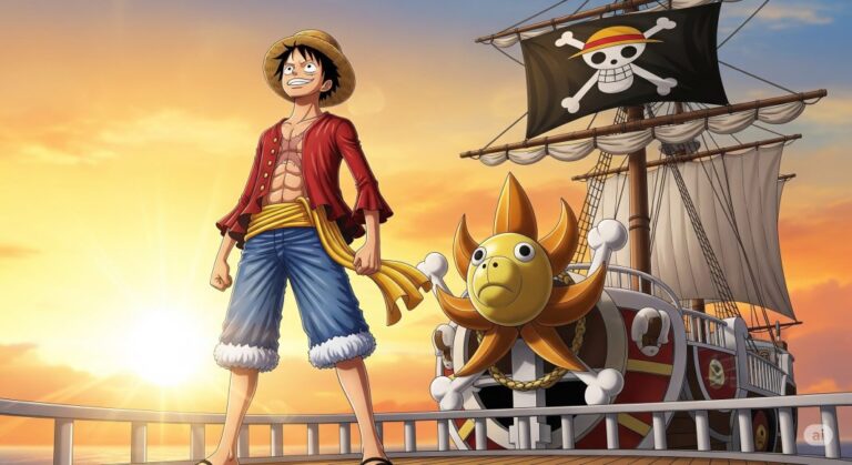 Luffy dan kru Topi Jerami berdiri menghadap laut dalam One Piece Final Saga 202