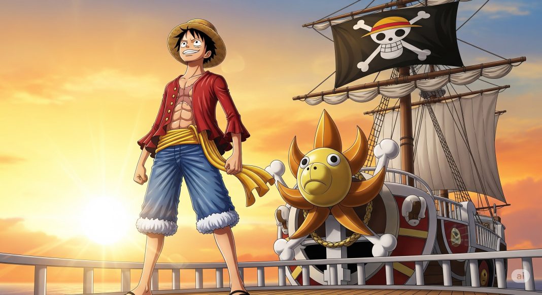 Luffy dan kru Topi Jerami berdiri menghadap laut dalam One Piece Final Saga 202