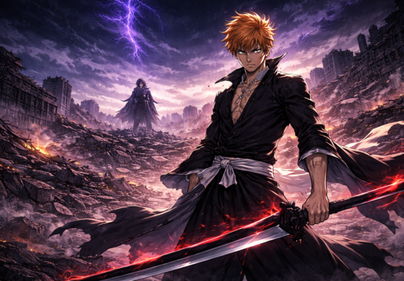 Ichigo Kurosaki berdiri di reruntuhan Soul Society pada Bleach Thousand-Year Blood War Final 2025