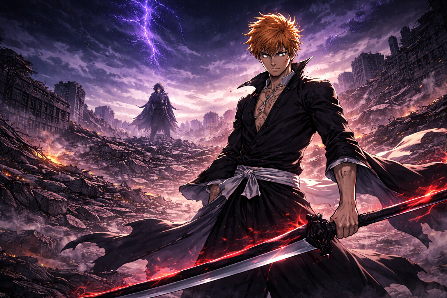Ichigo Kurosaki berdiri di reruntuhan Soul Society pada Bleach Thousand-Year Blood War Final 2025