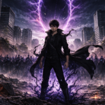 Sung Jinwoo berdiri di kota modern dengan pasukan bayangan pada Solo Leveling International Arc 2025