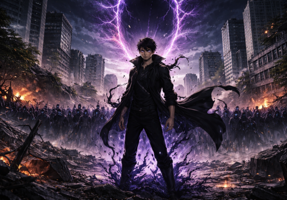 Sung Jinwoo berdiri di kota modern dengan pasukan bayangan pada Solo Leveling International Arc 2025