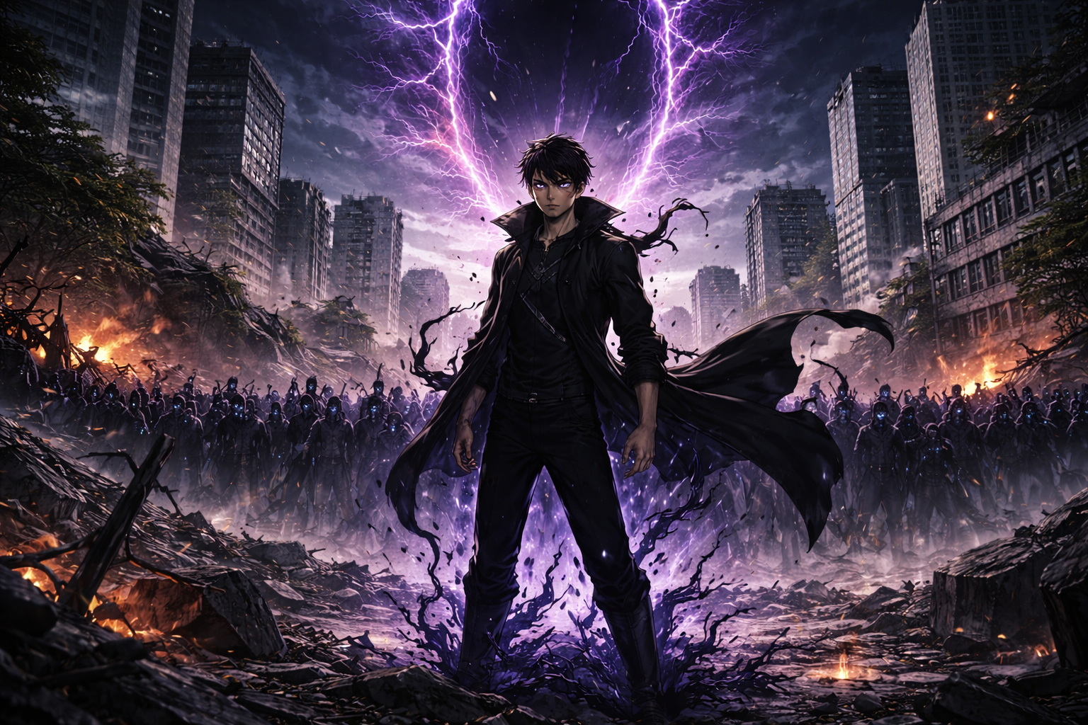 Sung Jinwoo berdiri di kota modern dengan pasukan bayangan pada Solo Leveling International Arc 2025