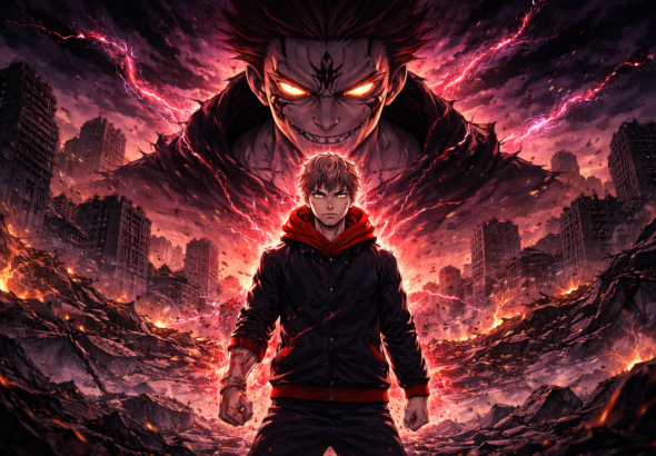 Yuji berdiri di kota hancur dalam Jujutsu Kaisen Final War 2025