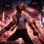 Denji dalam mode Chainsaw berdiri di kota malam pada Chainsaw Man Season 3 2025