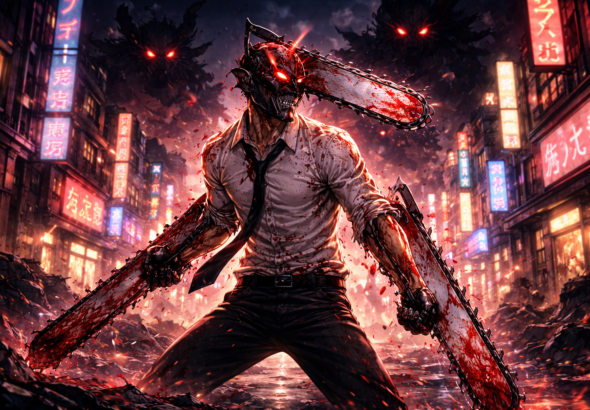 Denji dalam mode Chainsaw berdiri di kota malam pada Chainsaw Man Season 3 2025