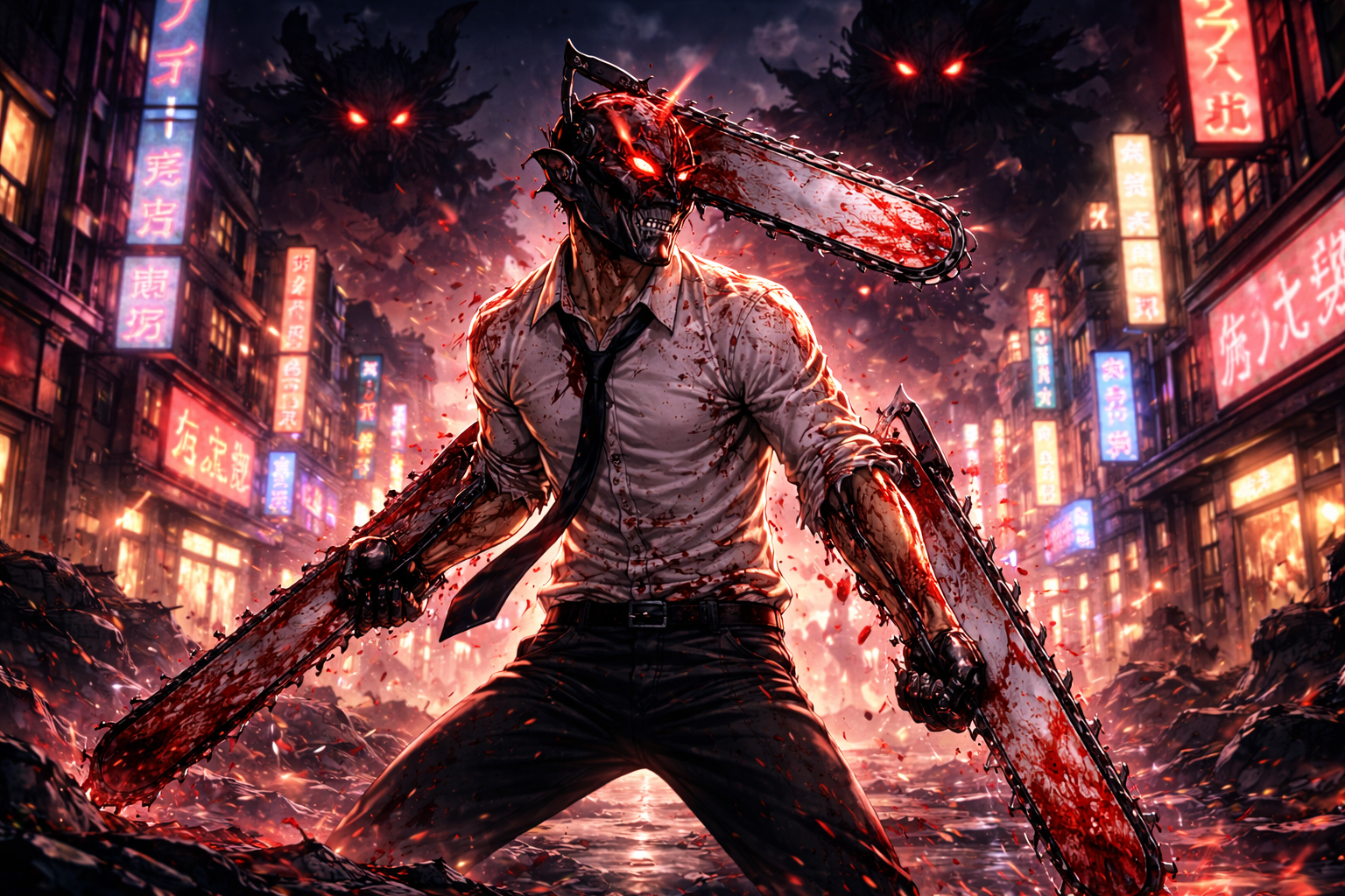 Denji dalam mode Chainsaw berdiri di kota malam pada Chainsaw Man Season 3 2025