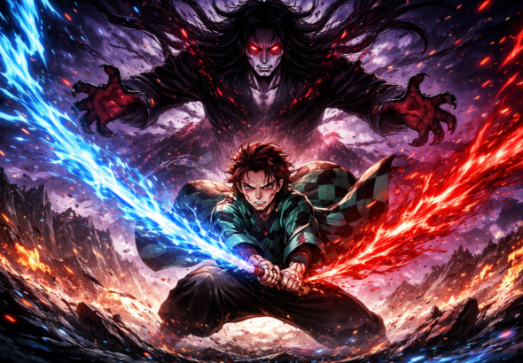 Tanjiro menghadapi Muzan dalam Demon Slayer Final Arc 2025 dengan aura api biru merah