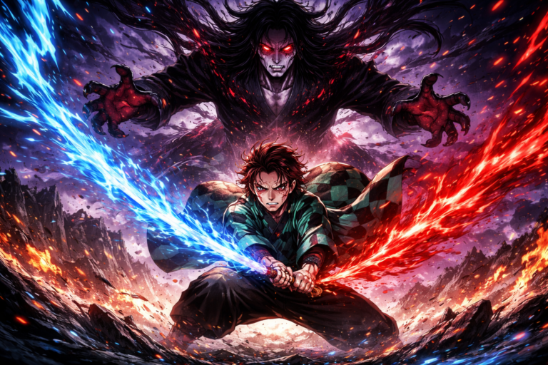 Tanjiro menghadapi Muzan dalam Demon Slayer Final Arc 2025 dengan aura api biru merah