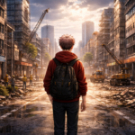 Yuji berjalan di kota pasca perang dalam Jujutsu Kaisen Aftermath 2025