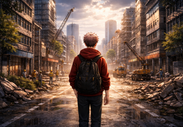 Yuji berjalan di kota pasca perang dalam Jujutsu Kaisen Aftermath 2025