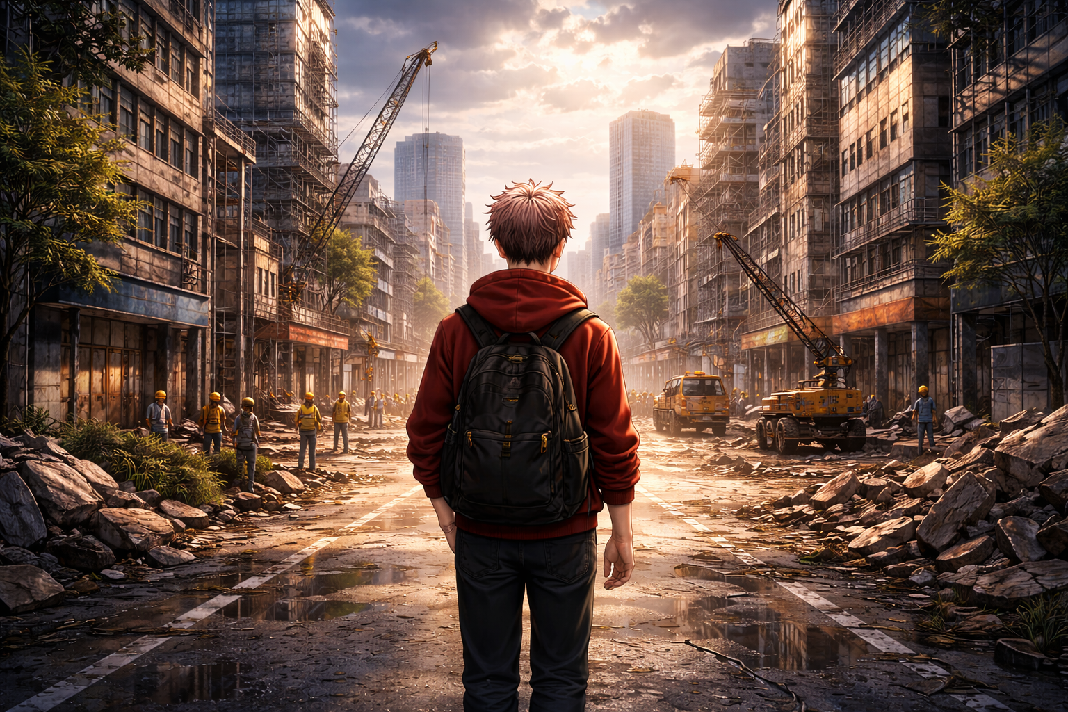 Yuji berjalan di kota pasca perang dalam Jujutsu Kaisen Aftermath 2025