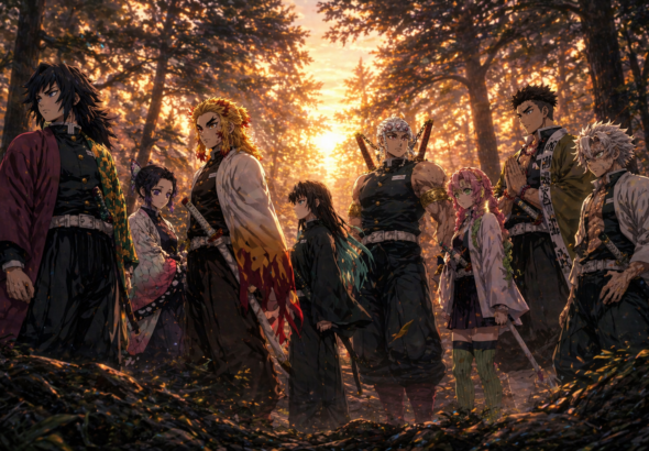 Para Hashira berdiri di hutan saat senja dalam Demon Slayer Spin-Off 2025