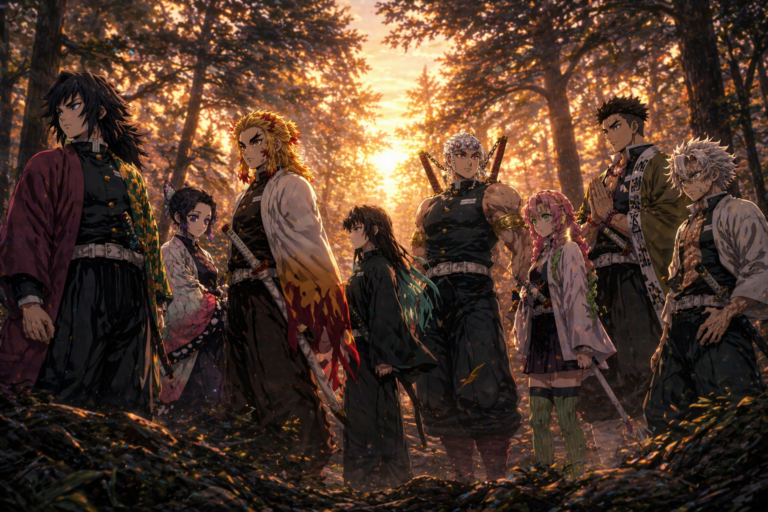Para Hashira berdiri di hutan saat senja dalam Demon Slayer Spin-Off 2025