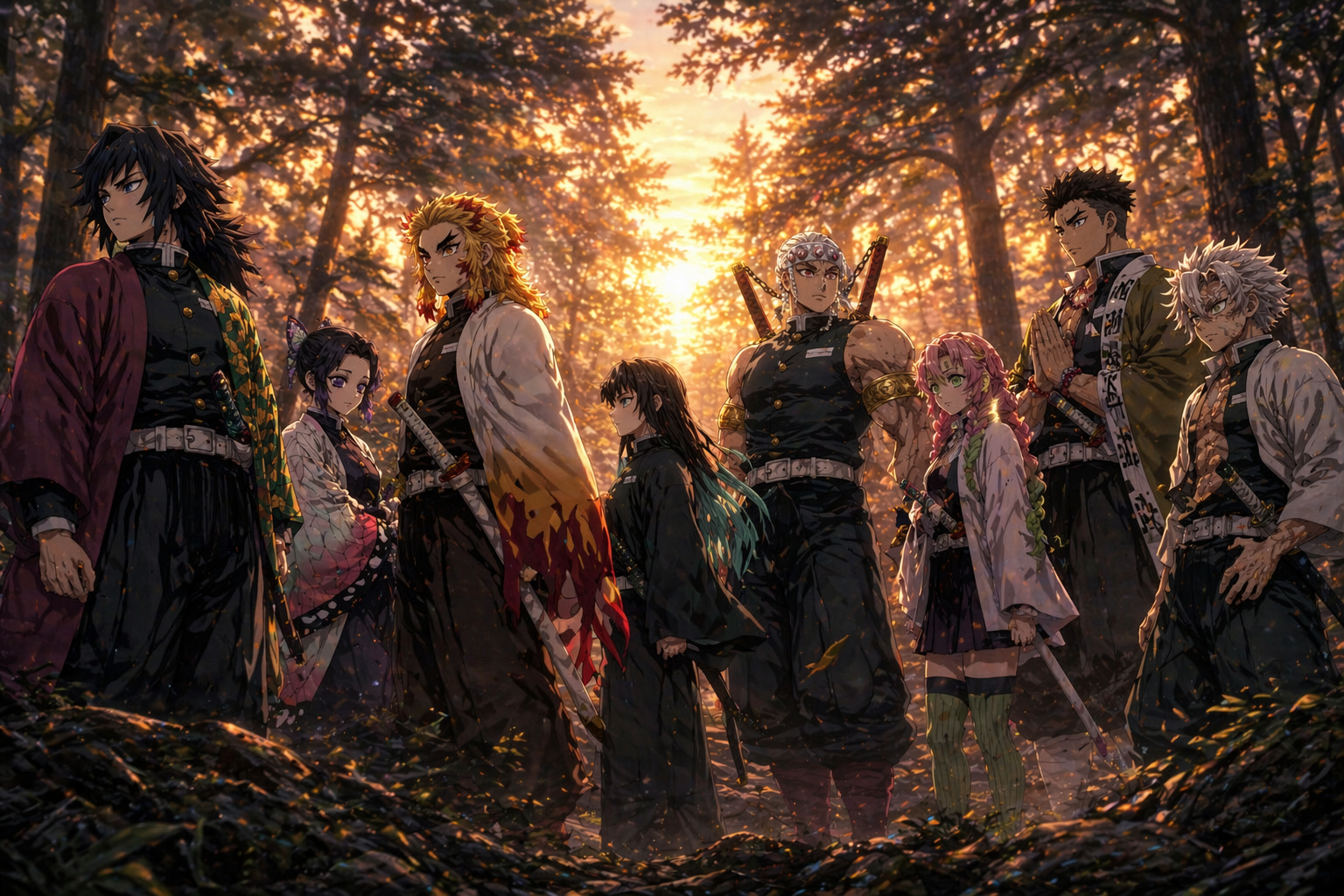 Para Hashira berdiri di hutan saat senja dalam Demon Slayer Spin-Off 2025