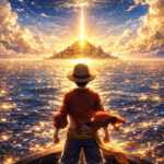 Luffy berdiri di depan pulau Laugh Tale dengan cahaya misterius dalam One Piece Ending Theory 2025