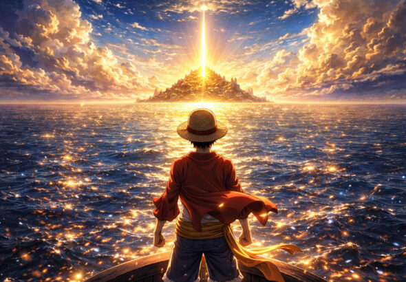 Luffy berdiri di depan pulau Laugh Tale dengan cahaya misterius dalam One Piece Ending Theory 2025