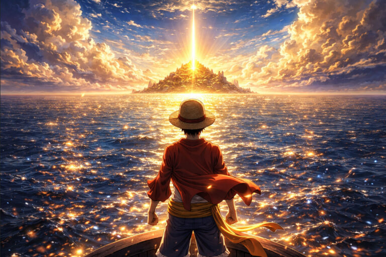Luffy berdiri di depan pulau Laugh Tale dengan cahaya misterius dalam One Piece Ending Theory 2025
