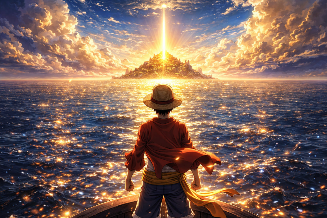 Luffy berdiri di depan pulau Laugh Tale dengan cahaya misterius dalam One Piece Ending Theory 2025