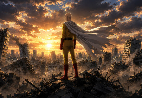 Saitama berdiri di atas reruntuhan kota dalam One Punch Man Season 4 2025
