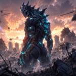 Kafka Hibino dalam wujud Kaiju No. 8 berdiri di kota yang hancur pada Kaiju No. 8 Season 2 2025.