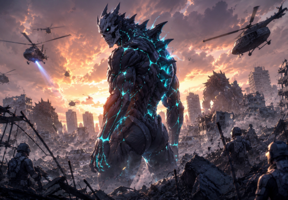 Kafka Hibino dalam wujud Kaiju No. 8 berdiri di kota yang hancur pada Kaiju No. 8 Season 2 2025.