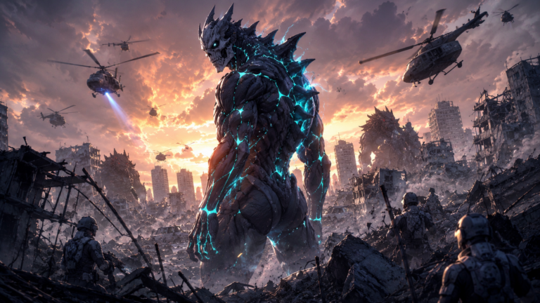 Kafka Hibino dalam wujud Kaiju No. 8 berdiri di kota yang hancur pada Kaiju No. 8 Season 2 2025.